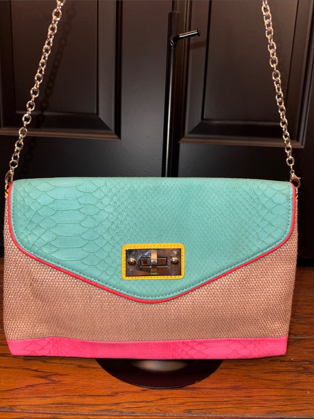 Apt. 9 Teal, Pink & Tan Colorblock Chain Shoulder Crossbody Bag